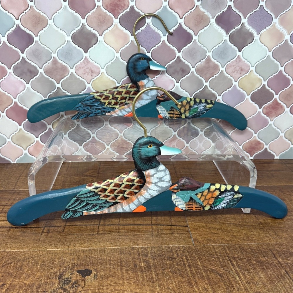 Vtg Hand Painted Wooden Duck Hangers Set 2 Rustic Folk Art Mallard Lodge